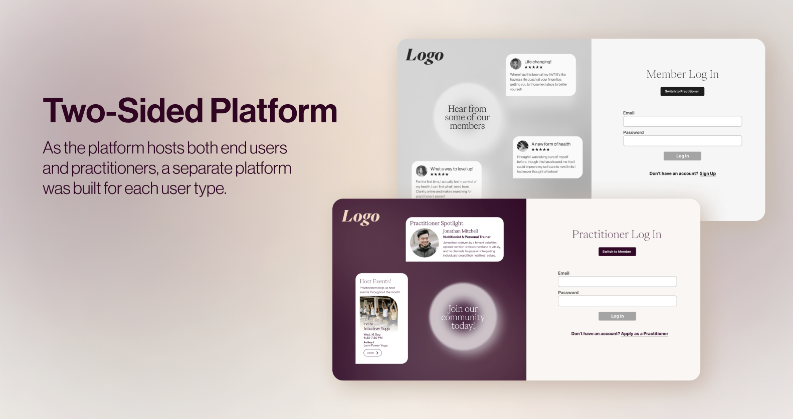 Selected app screens shown in greyscale
