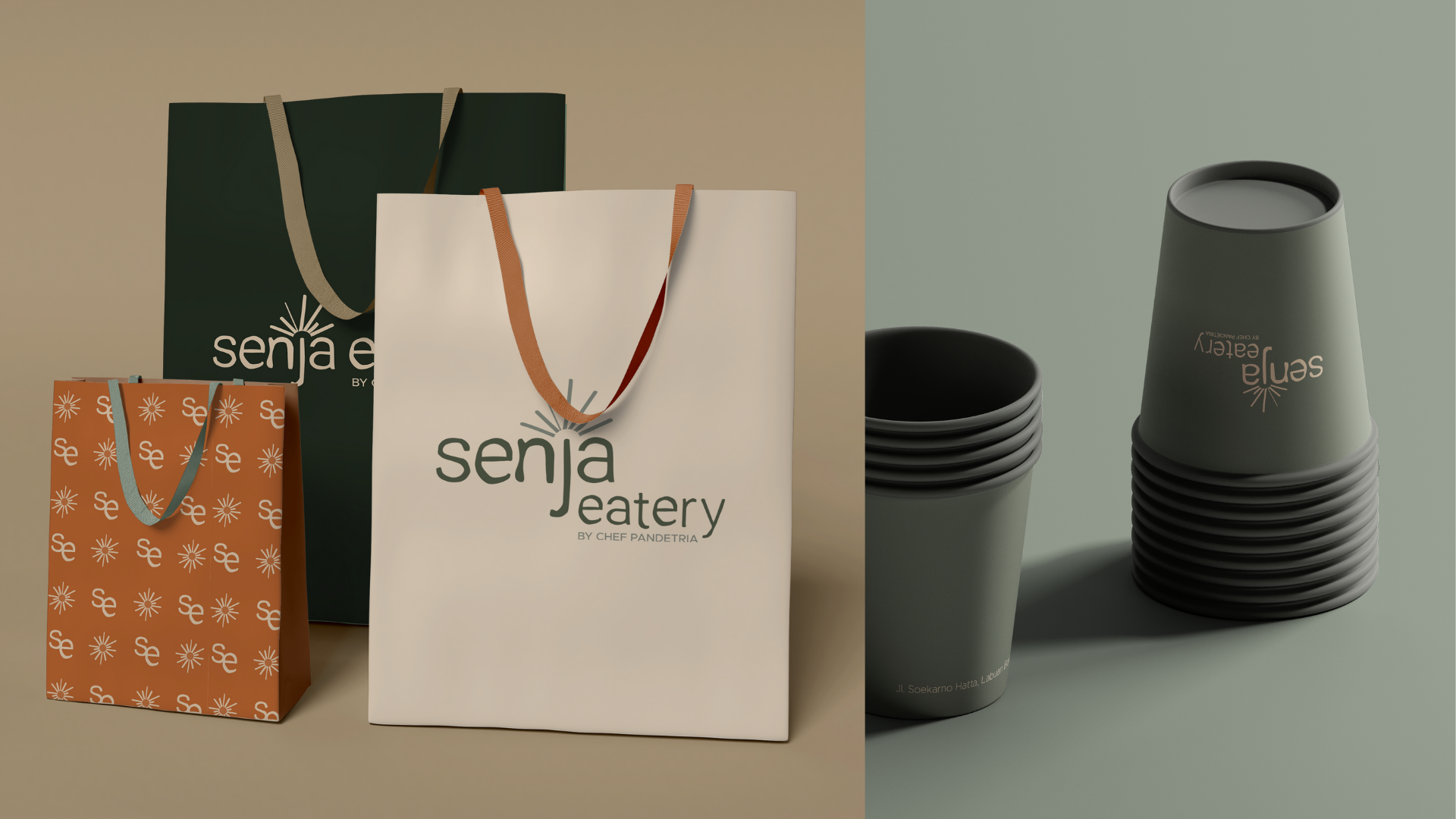 Senja Eatery shopping bags and cups