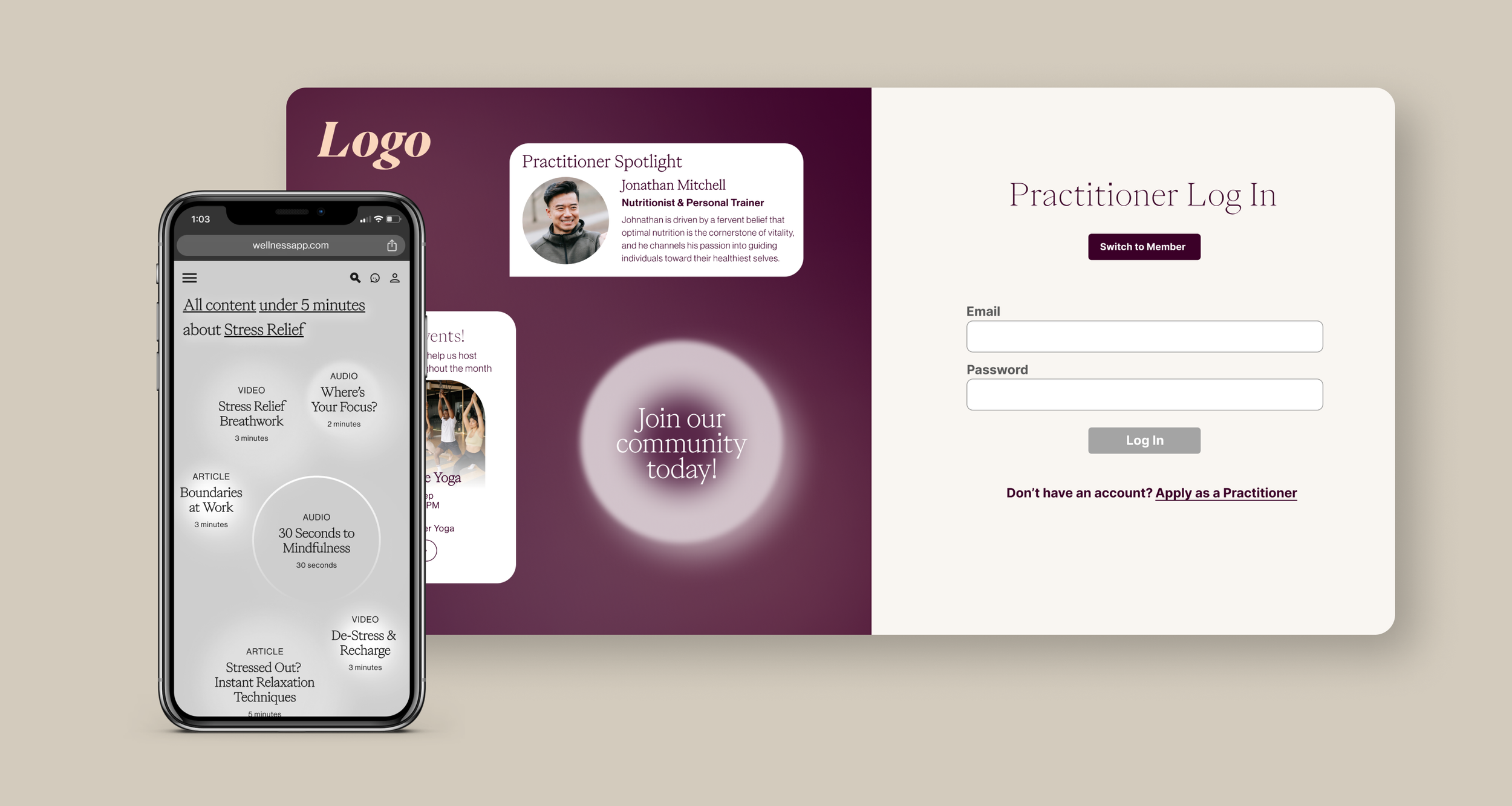 Health and wellness platform screens on desktop and mobile