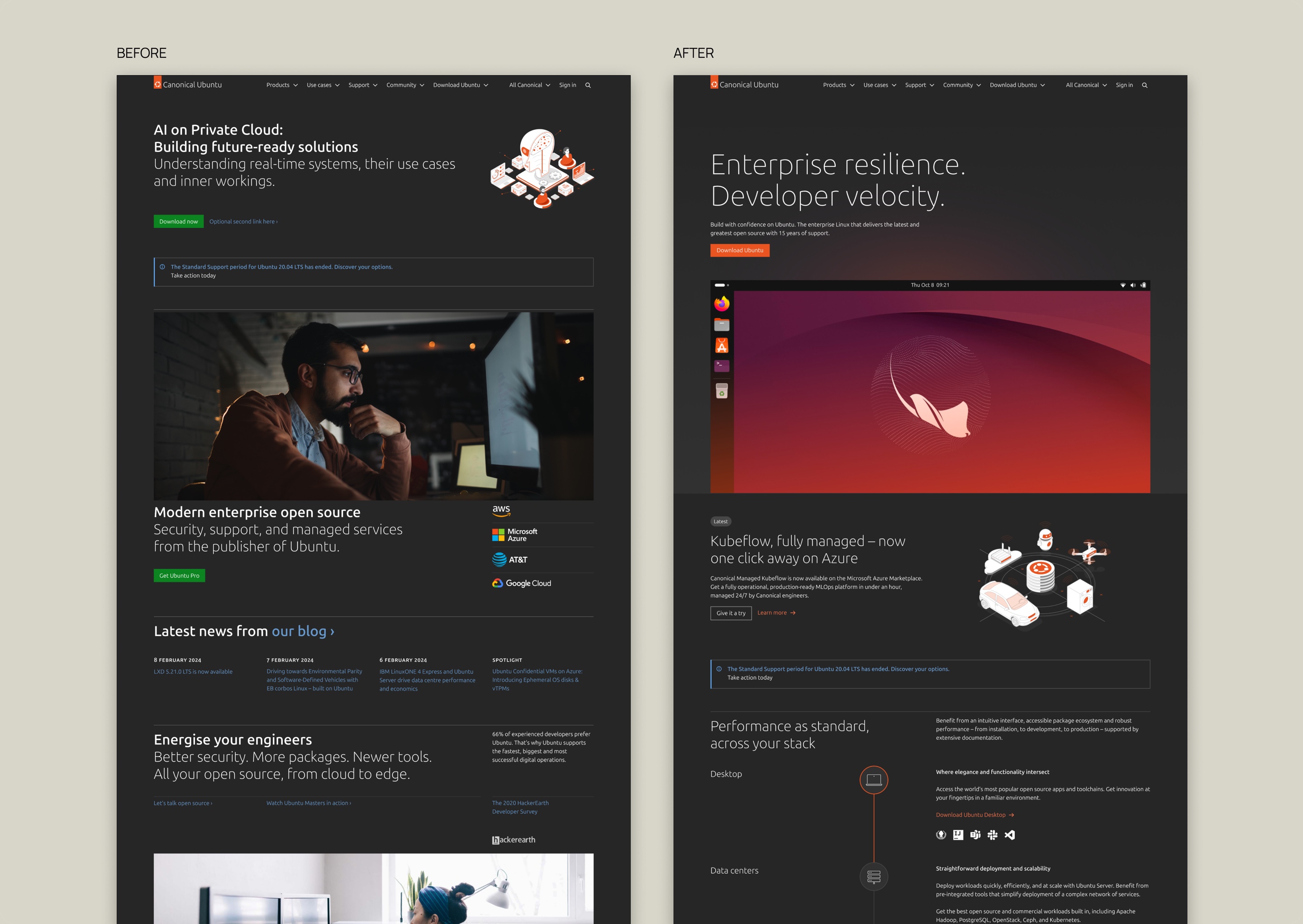 The ubuntu.com homepage before and after the redesign, side by side